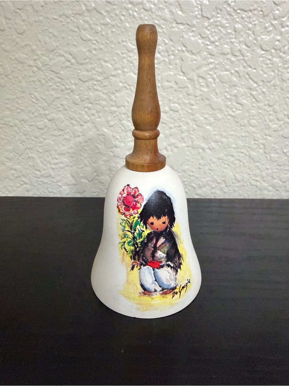 Hand-Painted Degrazia Ceramic Bell with Wooden Handle - White and Brown